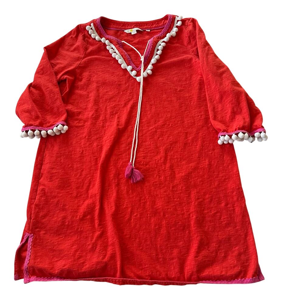 Boden Kasia Jersey Tunic dress women’s 6 tassels Pom Pom trim beach cover up red